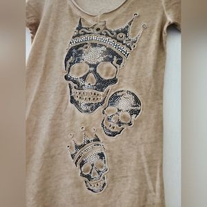 Vocal US Blouse Women Toned Brown Skull Embellished Short Sleeve Top S